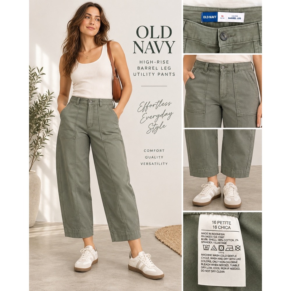 Old Navy High Rise Barrel Leg Utility Pants Olive Green 16 Petite Workwear NWOT